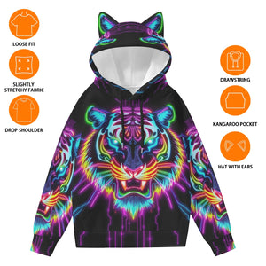Neon Spirit Animal Tiger Hoodie with Ears by Bazaar Design Style