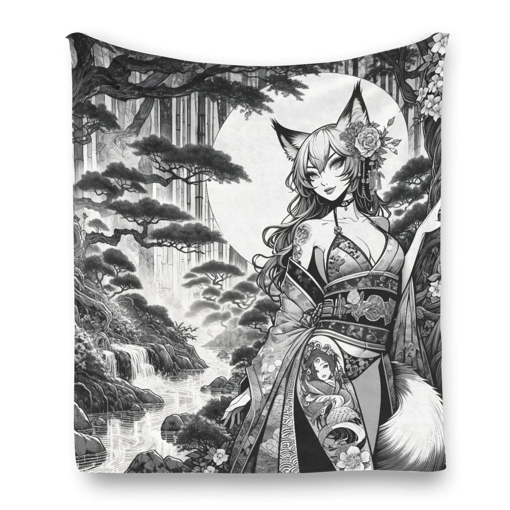 Anime Pin-up Girl Fox Flannel Blanket by Bazaar Design Style