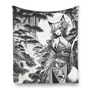 Anime Pin-up Girl Fox Flannel Blanket by Bazaar Design Style
