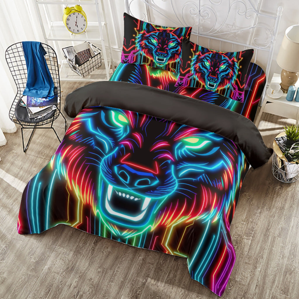 Neon Spirit Animal Wolf 4 Piece Duvet Cover Set by Bazaar Design Style (K,CK)