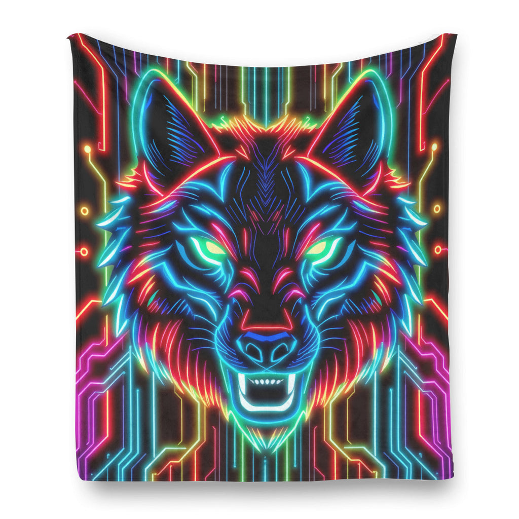 Neon Spirit Animal Wolf Flannel Blanket by Bazaar Design Style