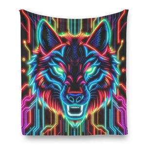 Neon Spirit Animal Wolf Flannel Blanket by Bazaar Design Style