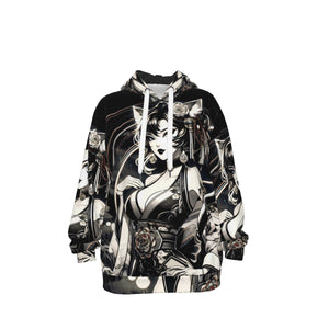 Anime Pin-Up Girl Cat Cotton Pullover Hoodie by Bazaar Design Style