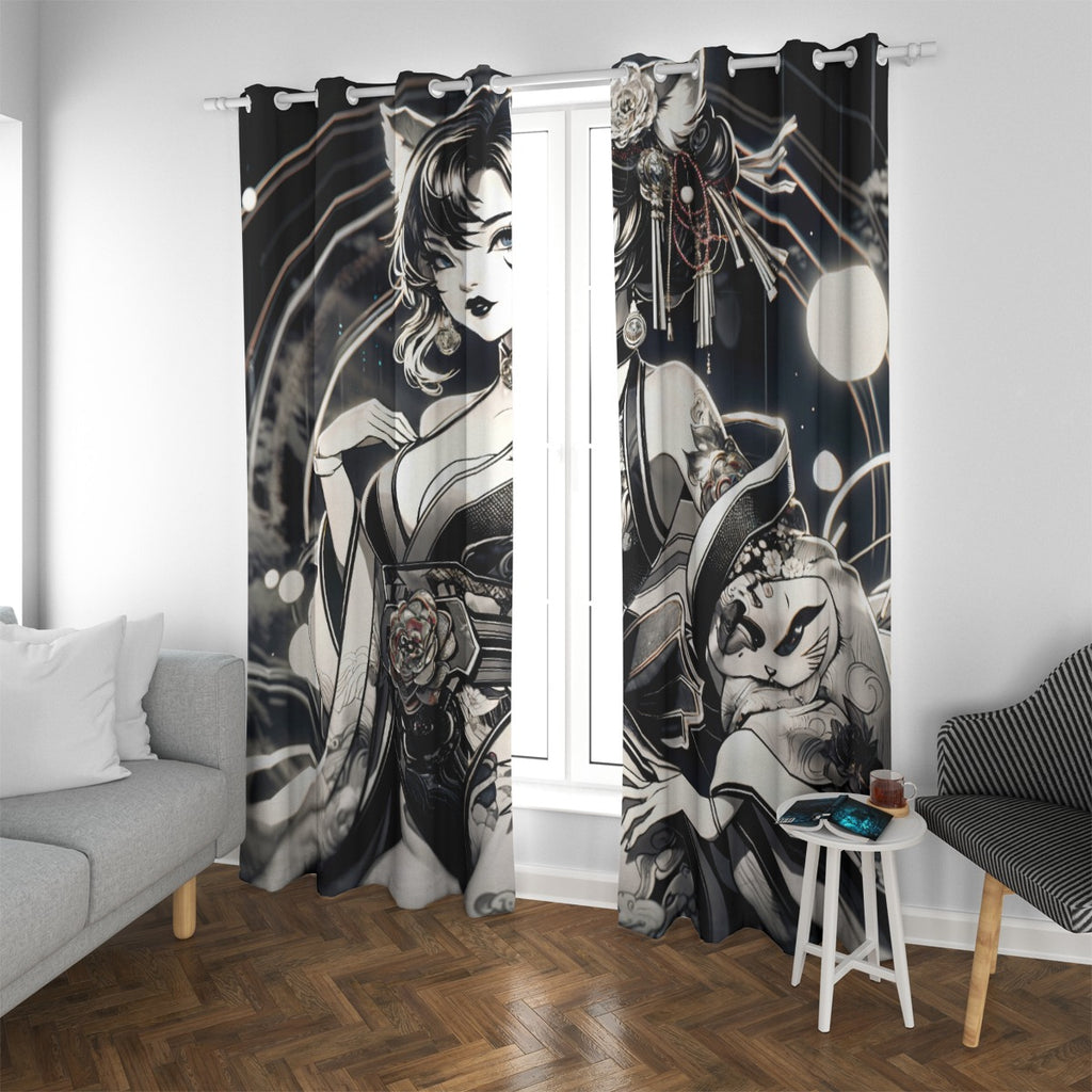 Anime Pin-up Girl Cat Blackout Curtains with Grommets by Bazaar Design Style