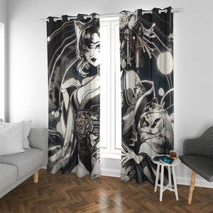 Anime Pin-up Girl Cat Blackout Curtains with Grommets by Bazaar Design Style