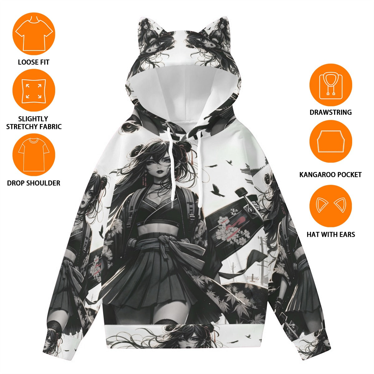 Anime Pin-Up Girl Longboard Hoodie with Ears by Bazaar Design Style