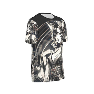 Anime Pin-Up Girl Cat Cotton T-Shirt by Bazaar Design Style