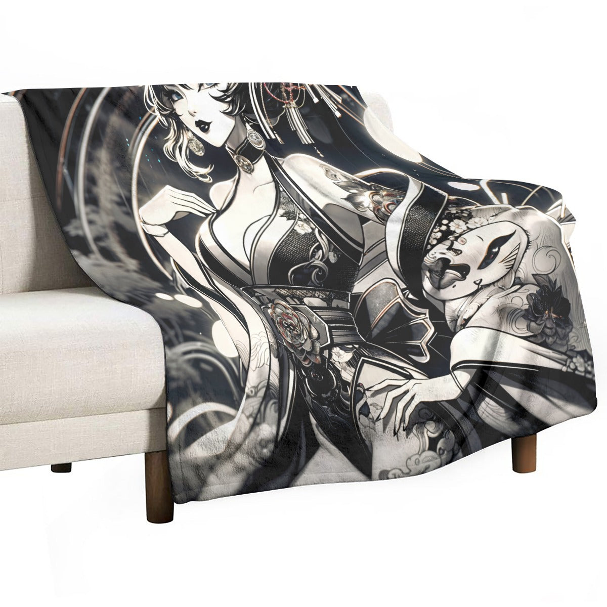 Anime Pin-up Girl Cat Flannel Blanket by Bazaar Design Style
