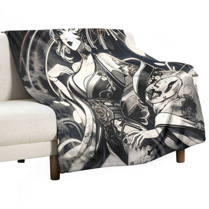 Anime Pin-up Girl Cat Flannel Blanket by Bazaar Design Style