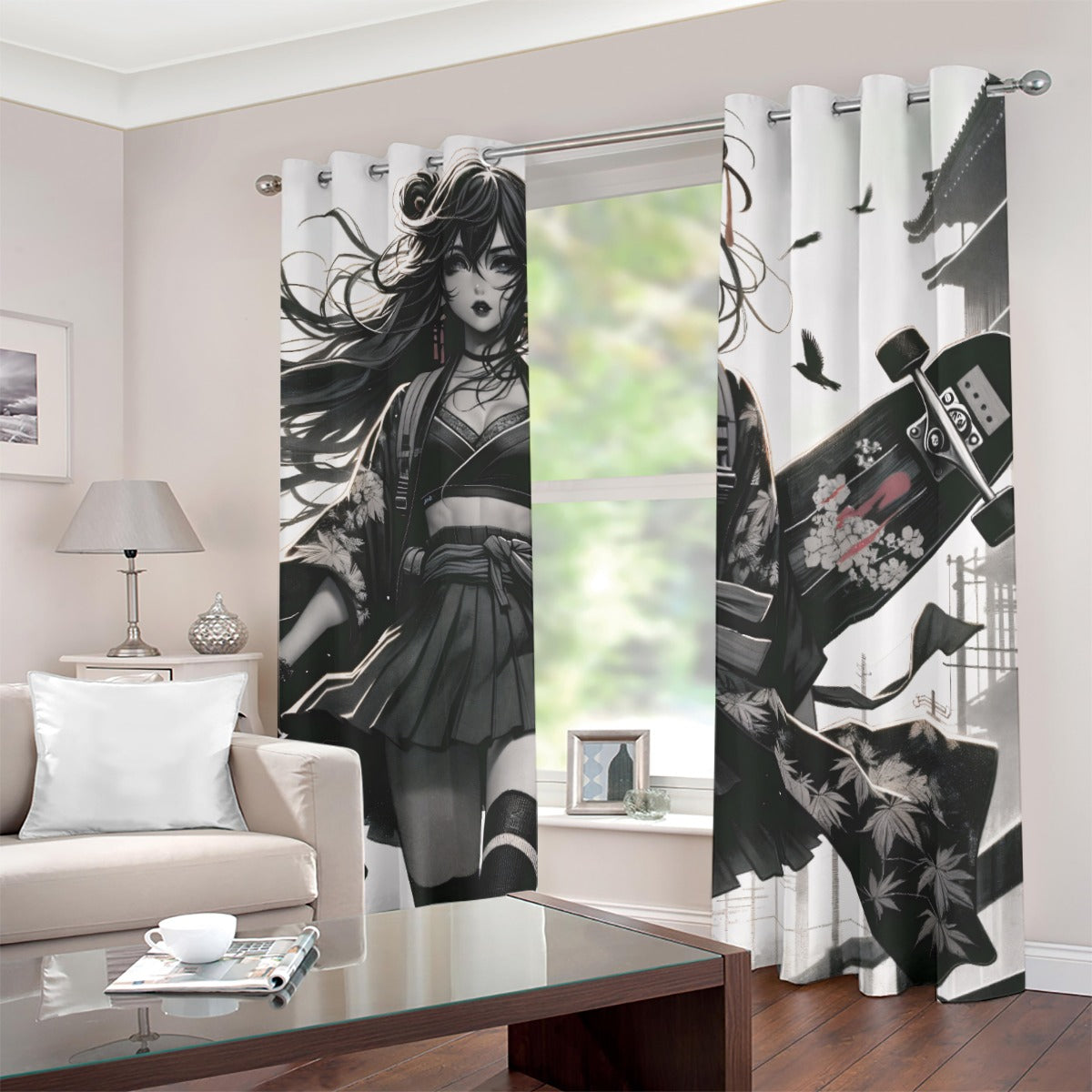 Anime Pin-up Girl Longboard Blackout Curtains with Grommets by Bazaar Design Style