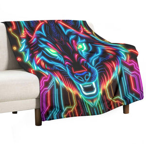 Neon Spirit Animal Wolf Flannel Blanket by Bazaar Design Style