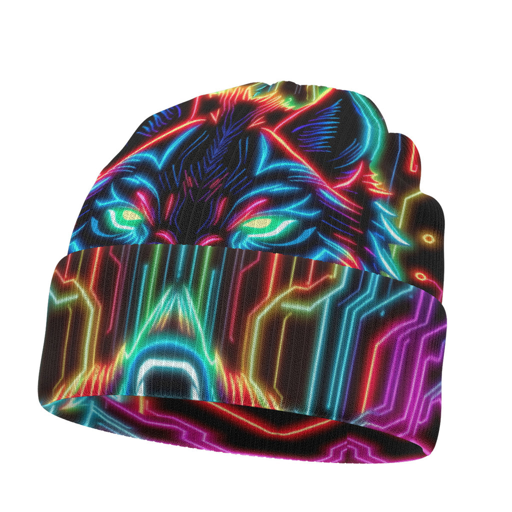 Neon Spirit Animal Wolf Beanie Hat by Bazaar Design Style