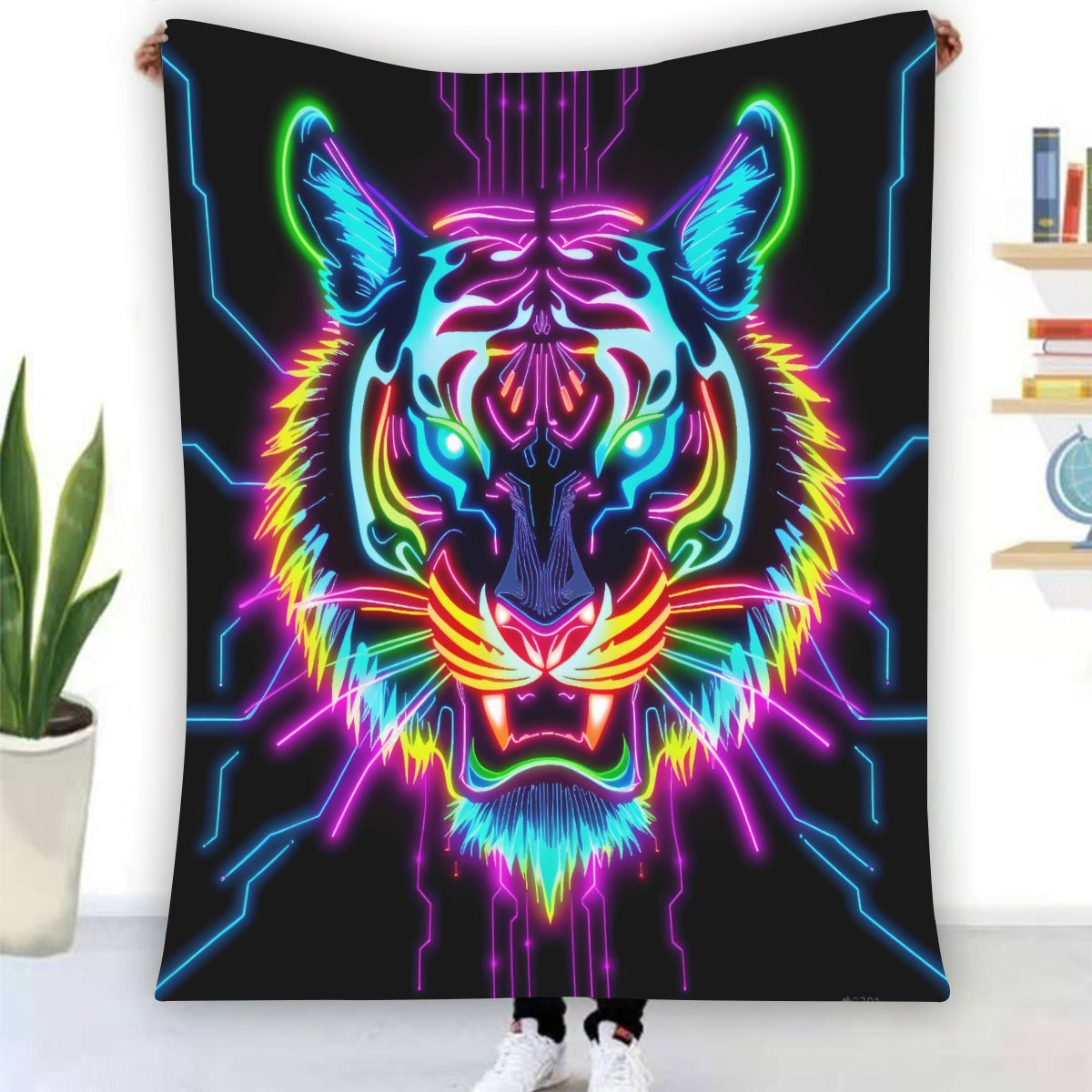 Neon Spirit Animal Tiger Flannel Blanket by Bazaar Design Style