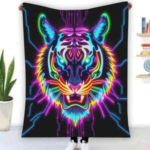 Neon Spirit Animal Tiger Flannel Blanket by Bazaar Design Style