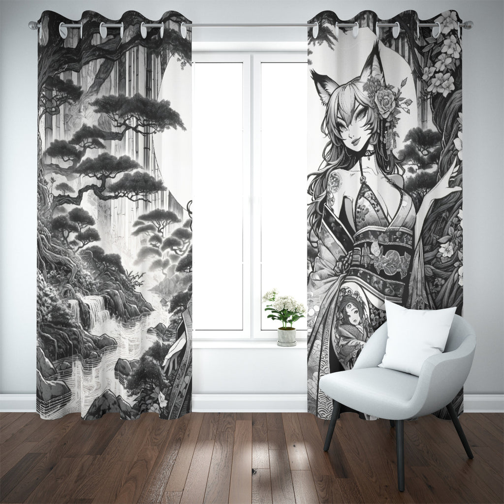 Anime Pin-up Girl Fox Blackout Curtains with Grommets by Bazaar Design Style