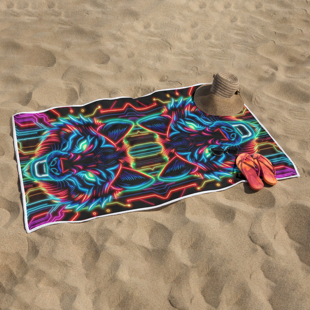 Neon Spirit Animal Wolf Beach Towel by Bazaar Design Style