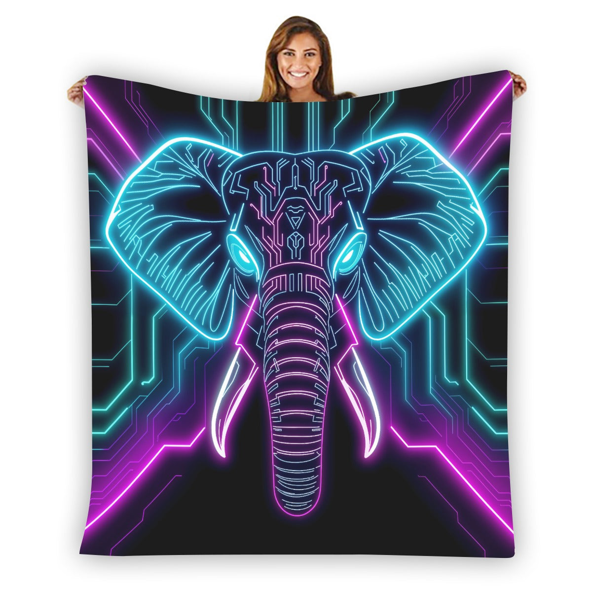 Neon Spirit Animal Elephant Flannel Blanket by Bazaar Design Style