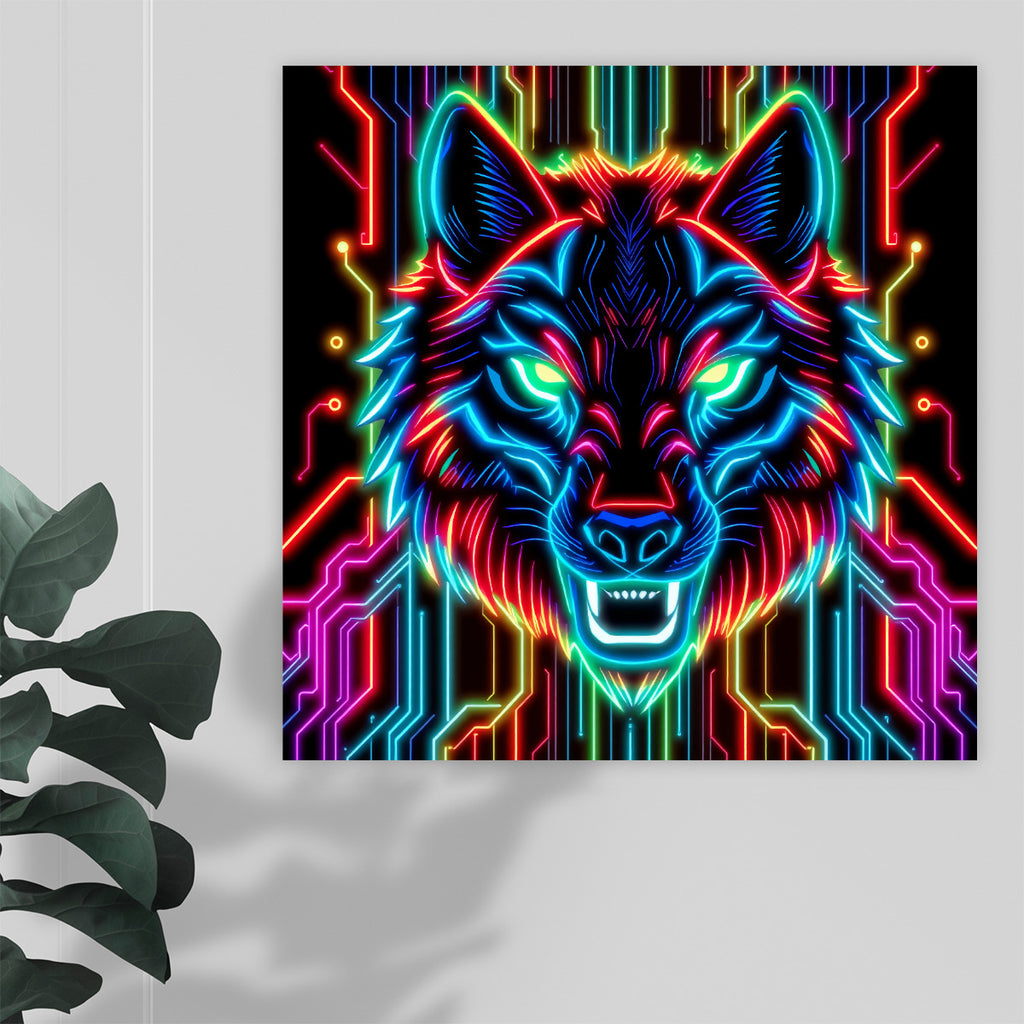 Neon Spirit Animal Wolf Canvas Print by Bazaar Design Style