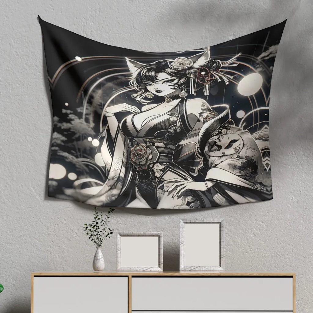 Anime Pin-up Girl Cat Tapestry by Bazaar Design Style