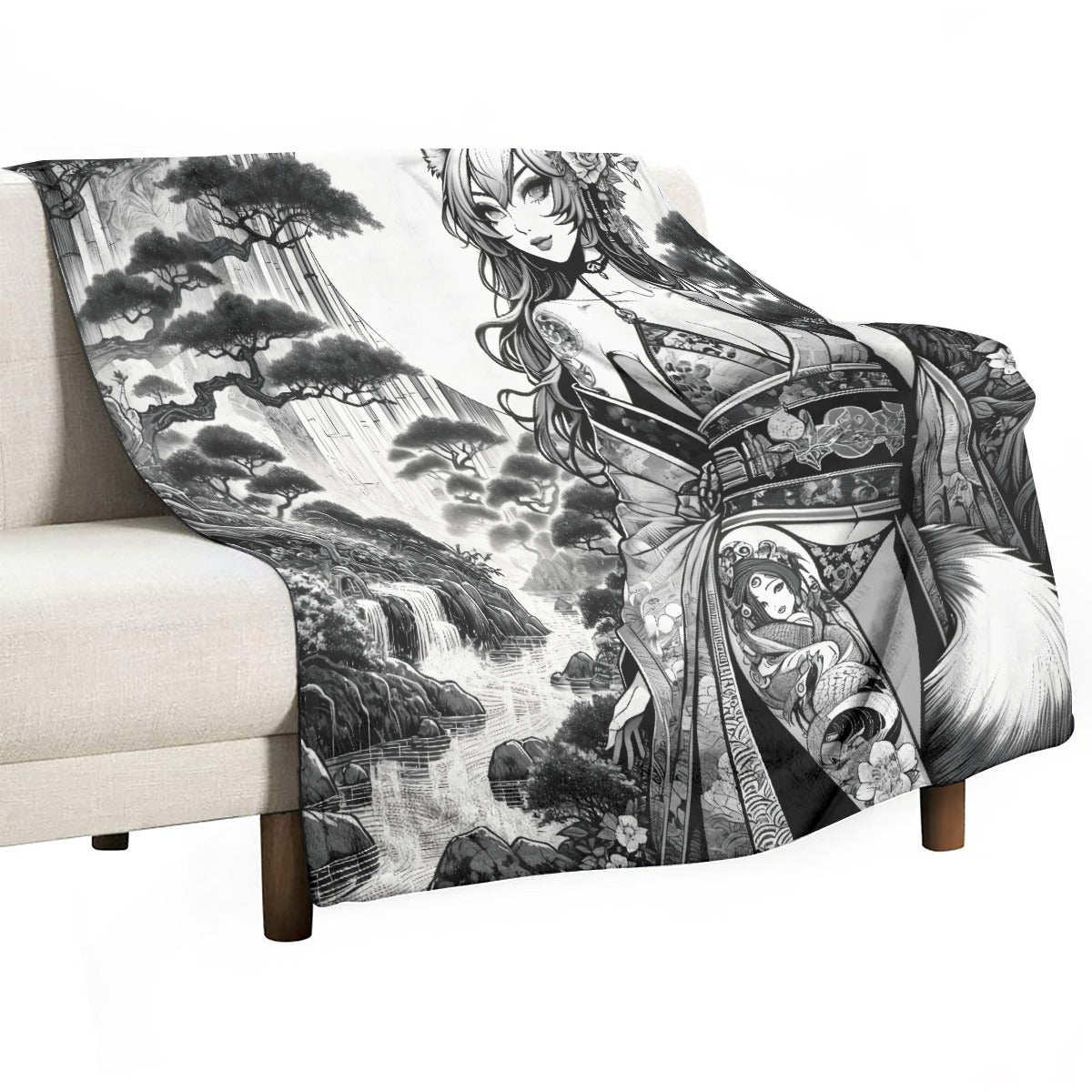 Anime Pin-up Girl Fox Flannel Blanket by Bazaar Design Style