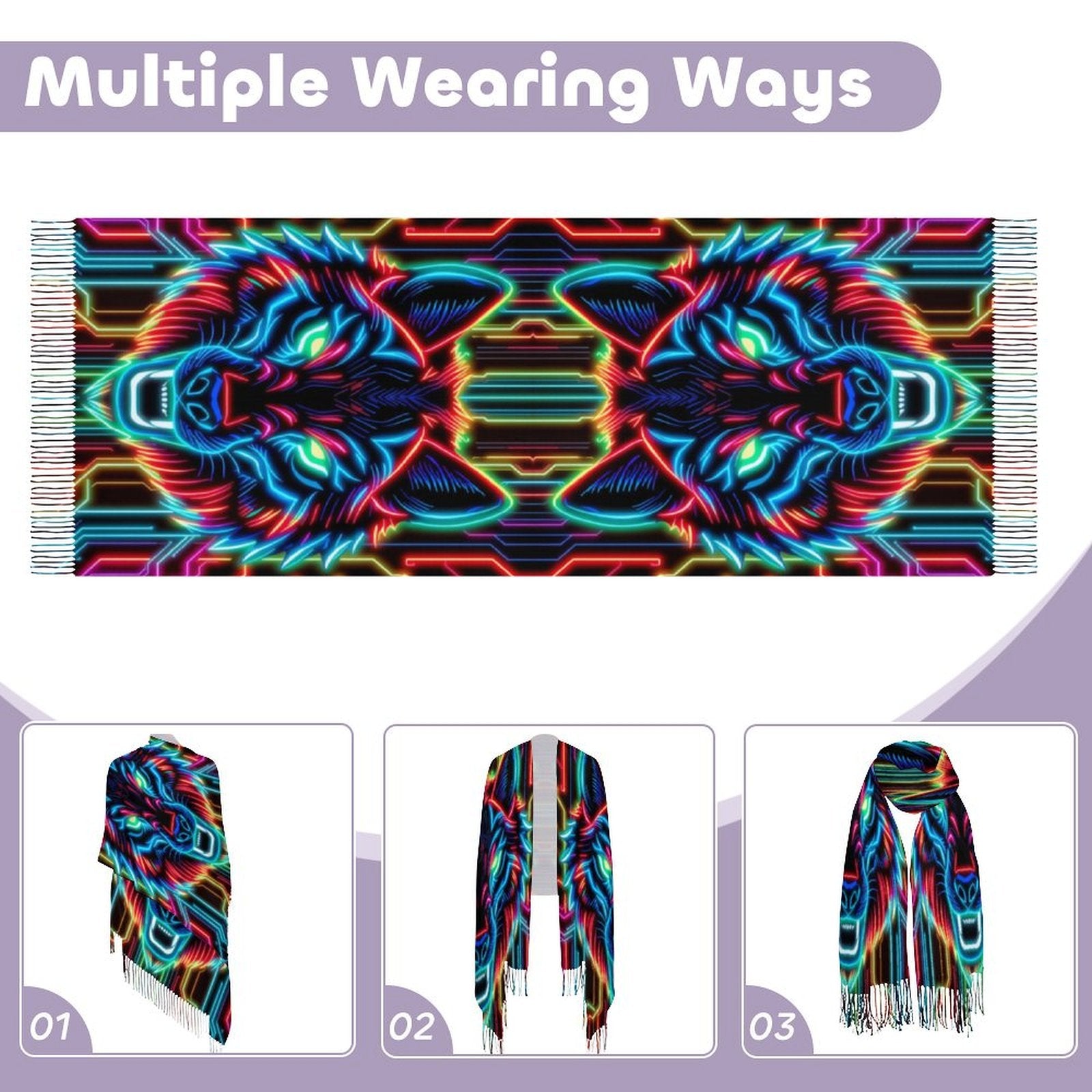 Neon Spirit Animal Wolf Pashmina by Bazaar Design Style