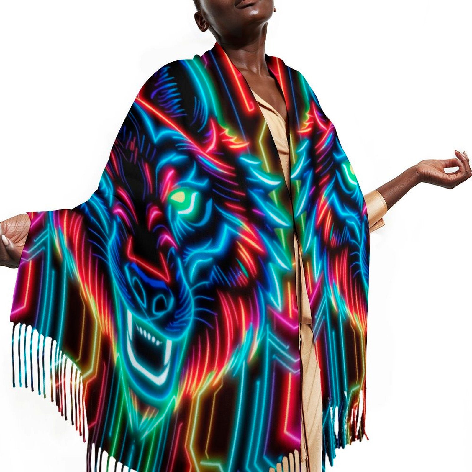 Neon Spirit Animal Wolf Pashmina by Bazaar Design Style