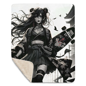 Anime Pin-up Girl Longboard Sherpa Blanket by Bazaar Design Style