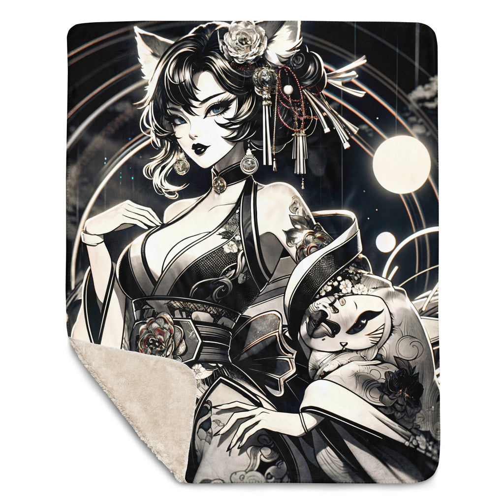 Anime Pin-up Girl Cat Sherpa Blanket by Bazaar Design Style