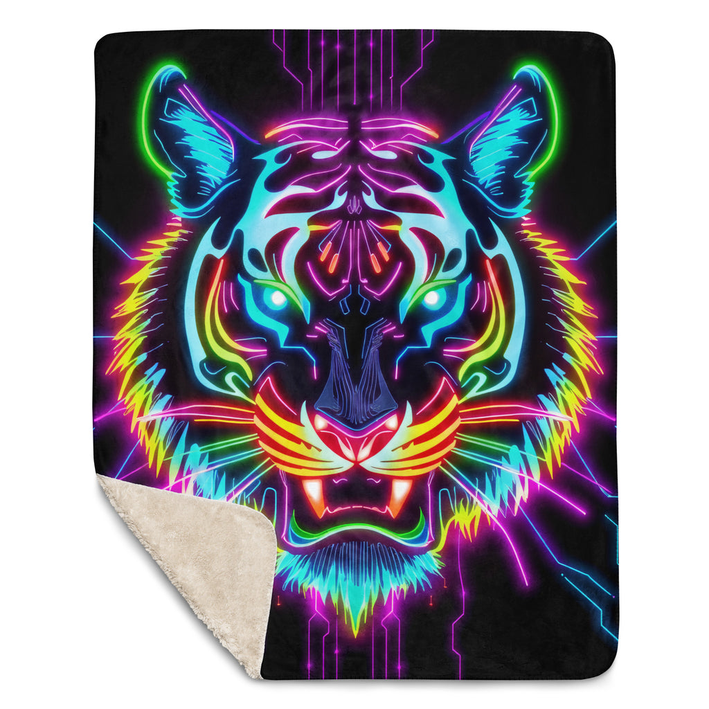 Neon Spirit Animal Tiger Sherpa Blanket by Bazaar Design Style