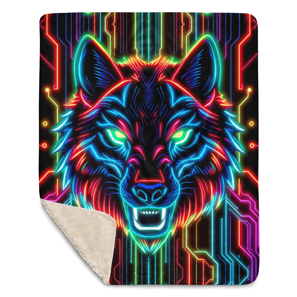 Neon Spirit Animal Wolf Sherpa Blanket by Bazaar Design Style