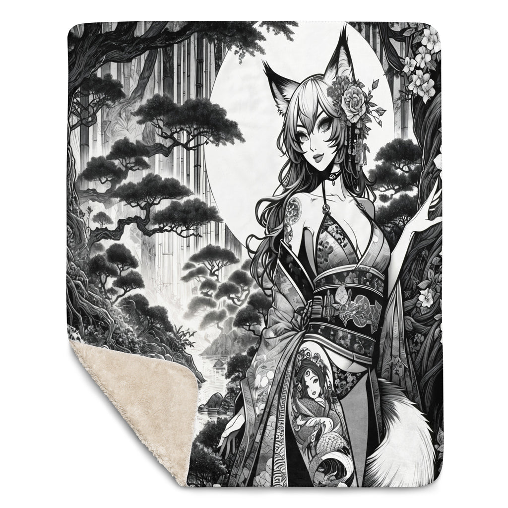 Anime Pin-up Girl Fox Sherpa Blanket by Bazaar Design Style