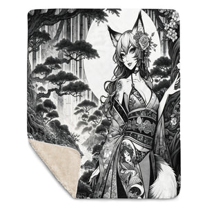 Anime Pin-up Girl Fox Sherpa Blanket by Bazaar Design Style